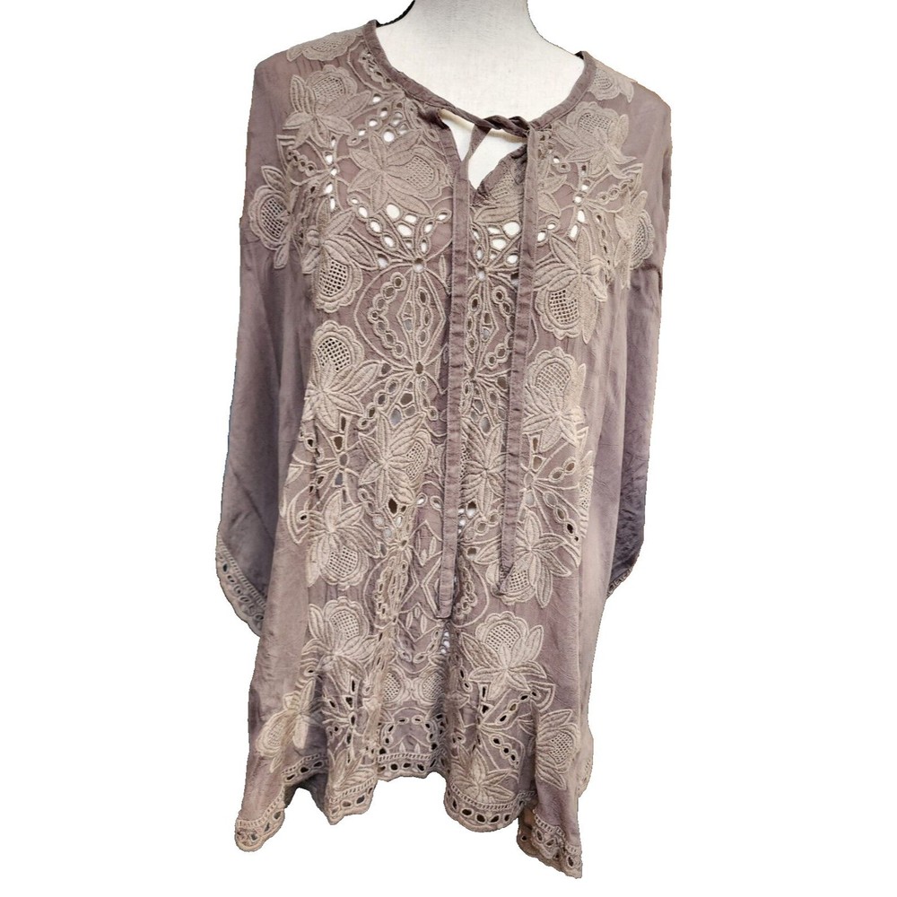Johnny Was Embroidered Eyelet Oversized Top Cupra Rayon XS